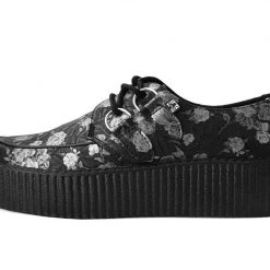 V9923 Black & Silver Rose Print D-Ring Mondo Creeper Women