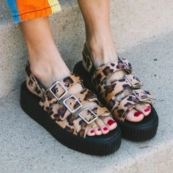 V9957L Tan Leopard 3-Buckle Mondo Sandal Women