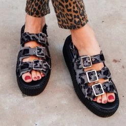 V9959L Grey Leopard 3-Buckle Mondo Sandal Women