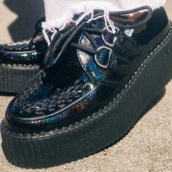 V9967 Women Black Metallic Sparkle D-Ring Mondo Creeper