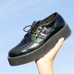 V9967 Women Black Metallic Sparkle D-Ring Mondo Creeper